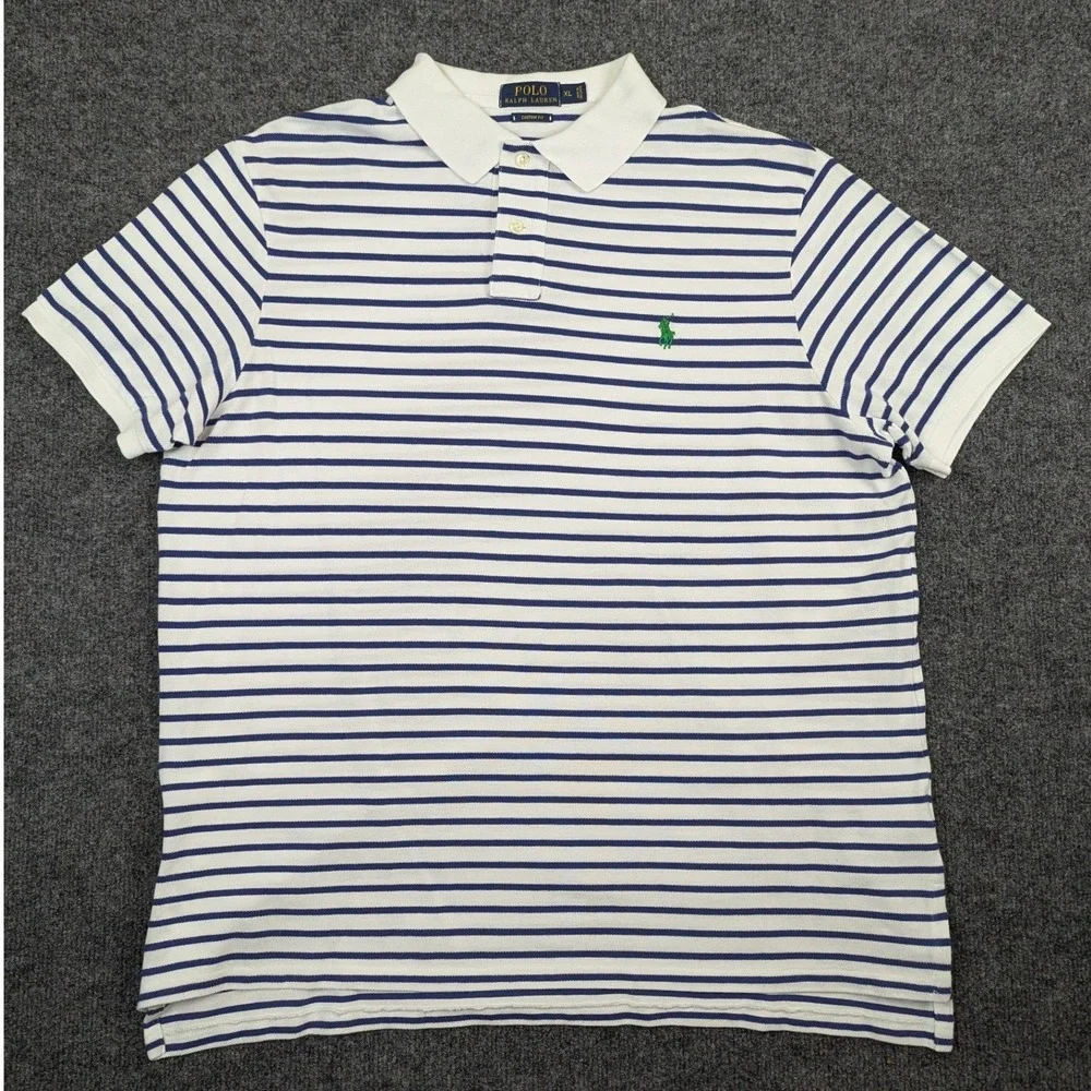 Polo Ralph Lauren Mens XL Custom Fit Striped Polo Shirt White Navy Blue Cotton